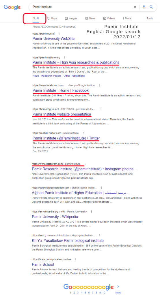 Pour une recherche Google en anglais, "notre" Institut du Pamir manque la première ligne, mais présente cinq réponses à suivre en haut de la page de résultats.